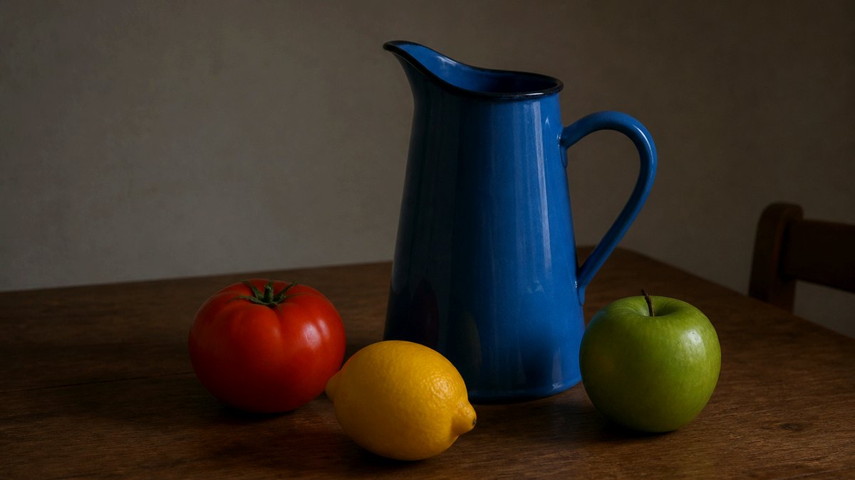 The same red tomato, yellow lemon, and blue pitcher after a brightness and contrast lift.