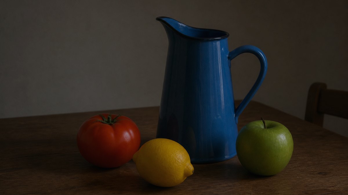 Original dim red tomato, yellow lemon, and blue pitcher on an oak table, before the tone pass.