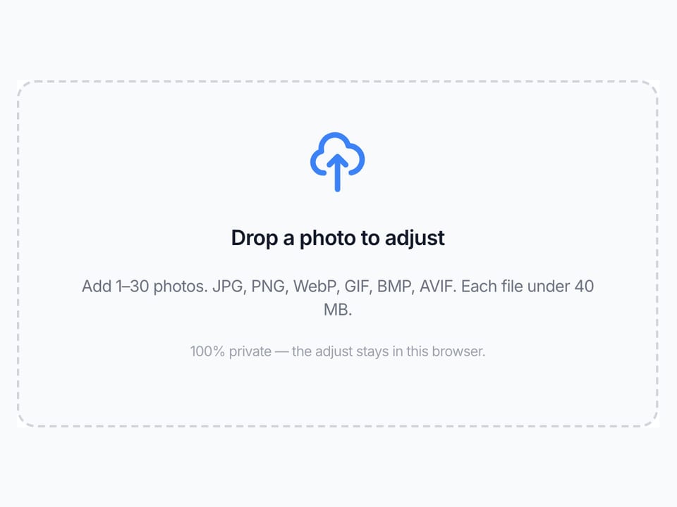 The Adjust Image upload box on this page, the dashed area where you add a JPG, PNG, or WebP.