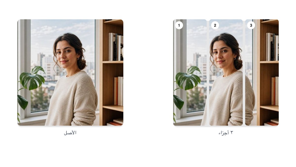 الأصل بجانب نفس الصورة بعد تقسيمها الى 3 اجزاء مرقّمة 1 و2 و3