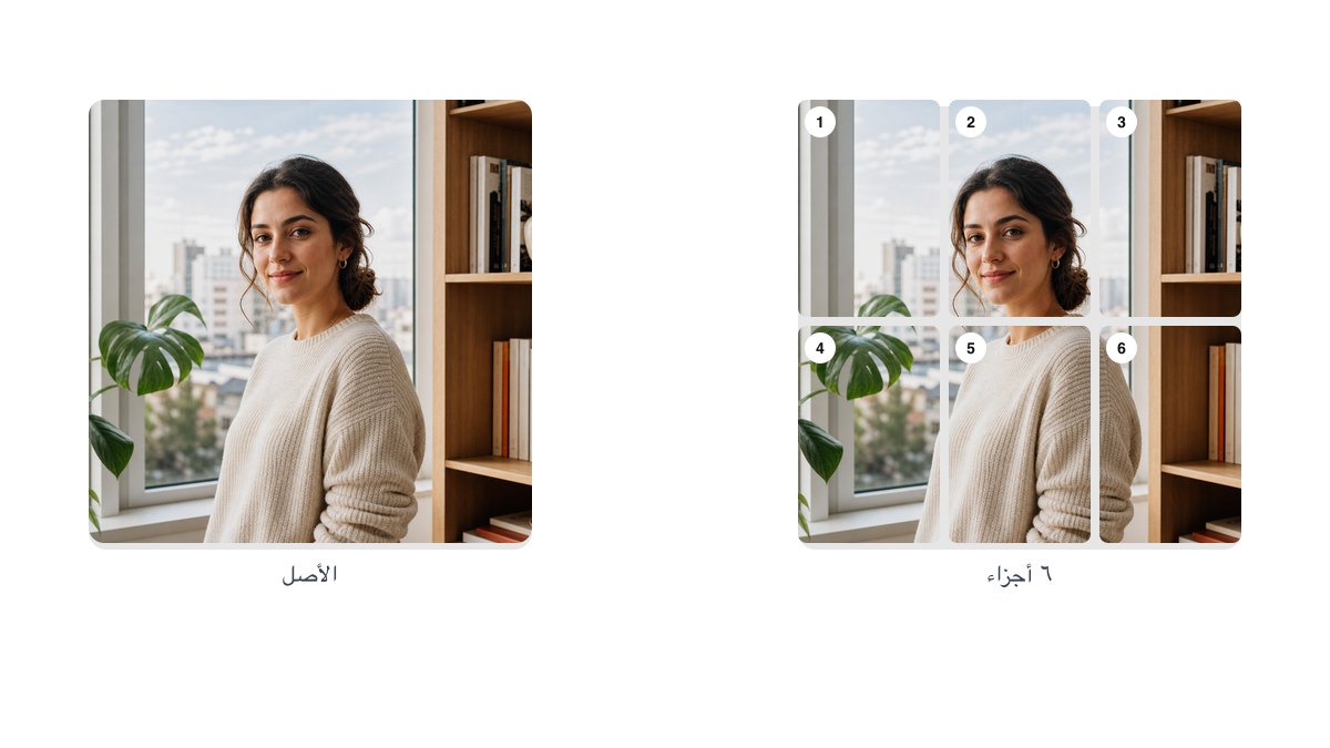 الأصل بجانب نفس الصورة بعد تقسيمها الى 6 اجزاء مرقّمة في شبكة 2×3