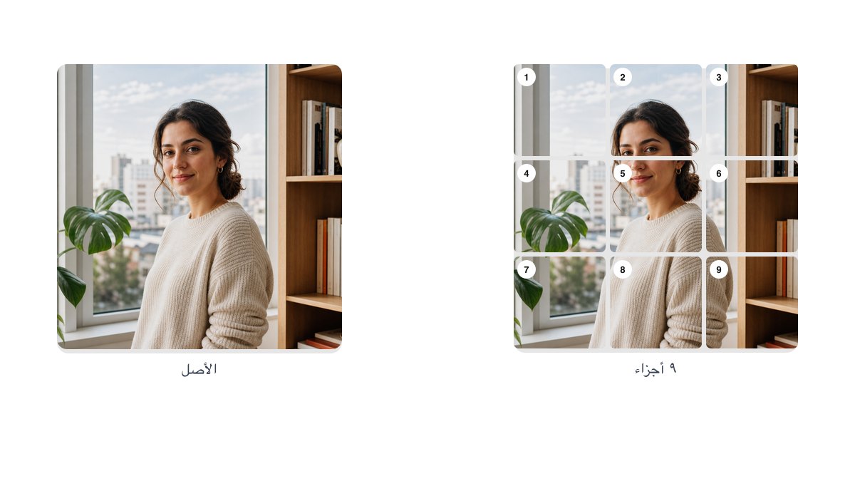 الأصل بجانب نفس الصورة بعد تقسيمها الى 9 اجزاء مرقّمة في شبكة 3×3