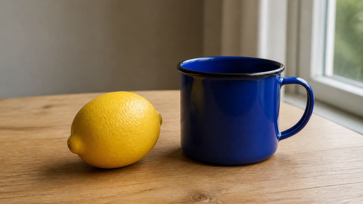 Original yellow lemon and blue mug on an oak table, before blur.