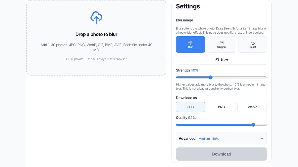 The Blur Image upload box on this page, the dashed area where you add a JPG, PNG, or WebP.