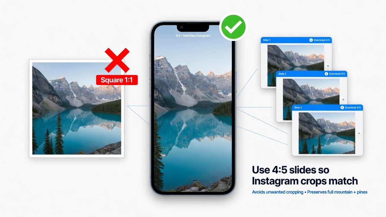 Use 4:5 slides so Instagram crops match; avoid square 1:1