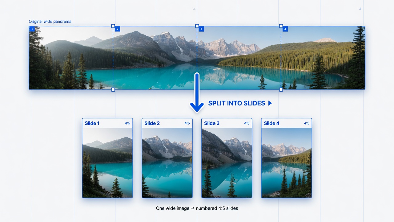 Wide panorama split into numbered 4:5 Instagram carousel slides