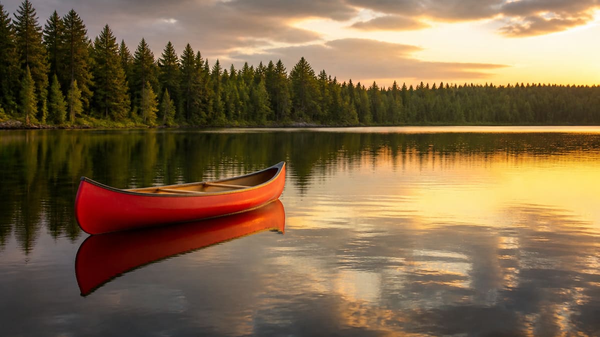 Original wide red canoe on a pine lake, before the crop.