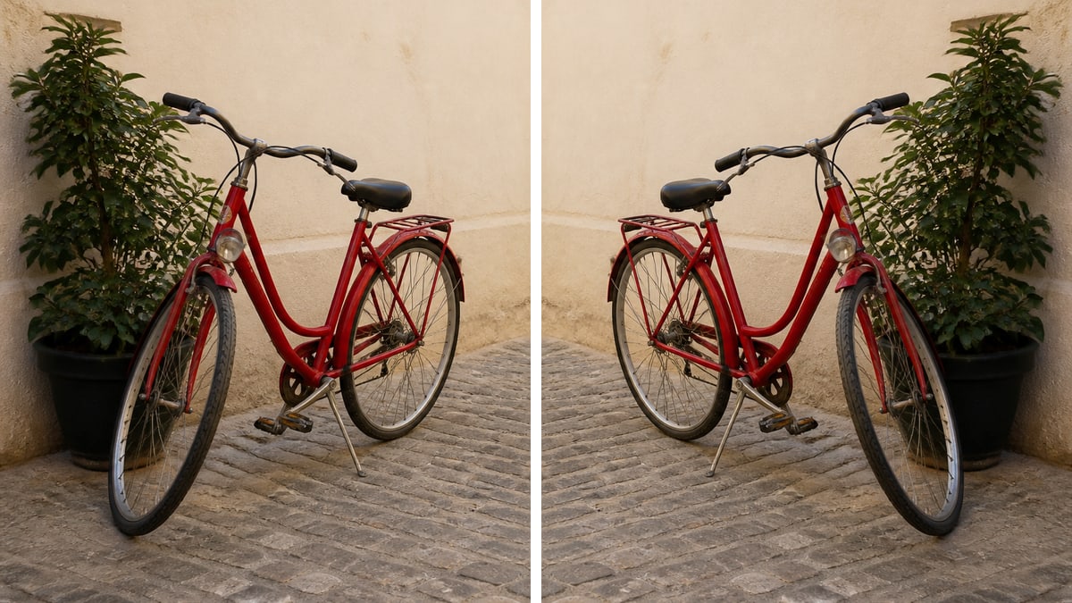 The same red bicycle on a cobblestone street, original on the left and horizontally flipped on the right.