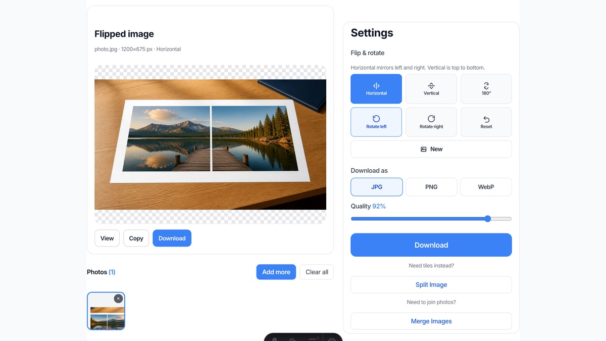 The Flip Image Settings card on this page, with Horizontal selected and the live preview mirrored.