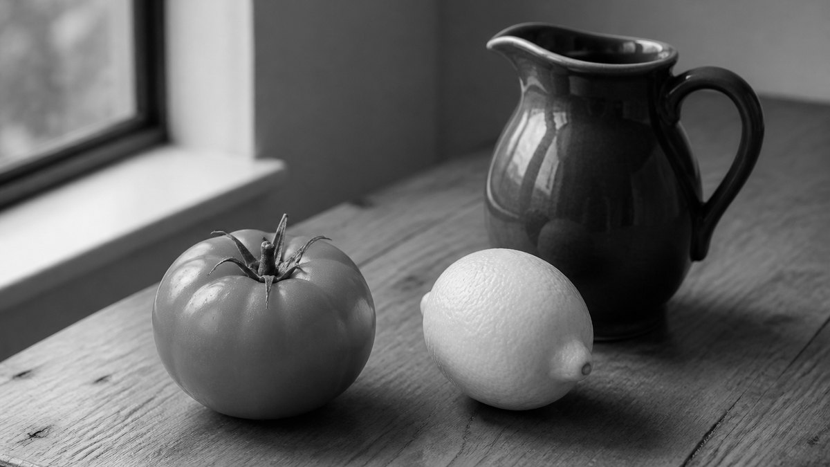 The same red tomato, yellow lemon, and blue pitcher after a full grayscale convert.