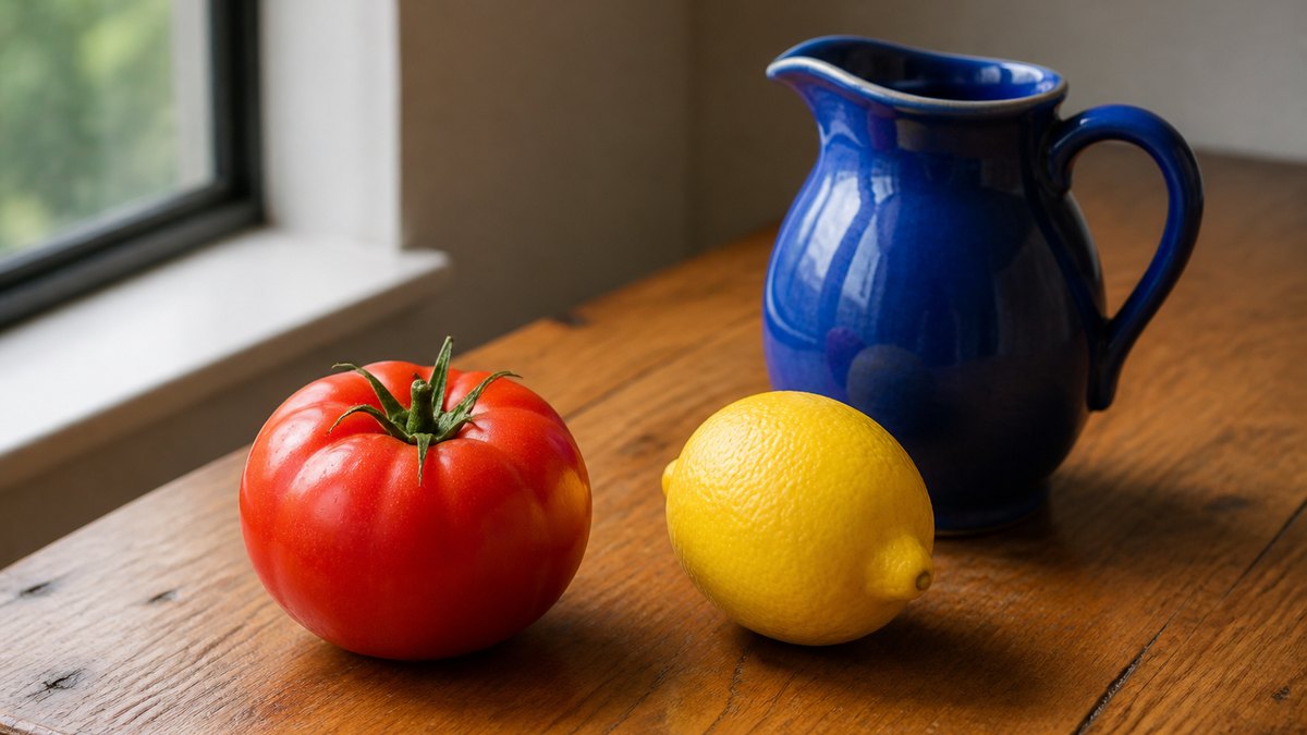 Original red tomato, yellow lemon, and blue pitcher on an oak table, before grayscale.