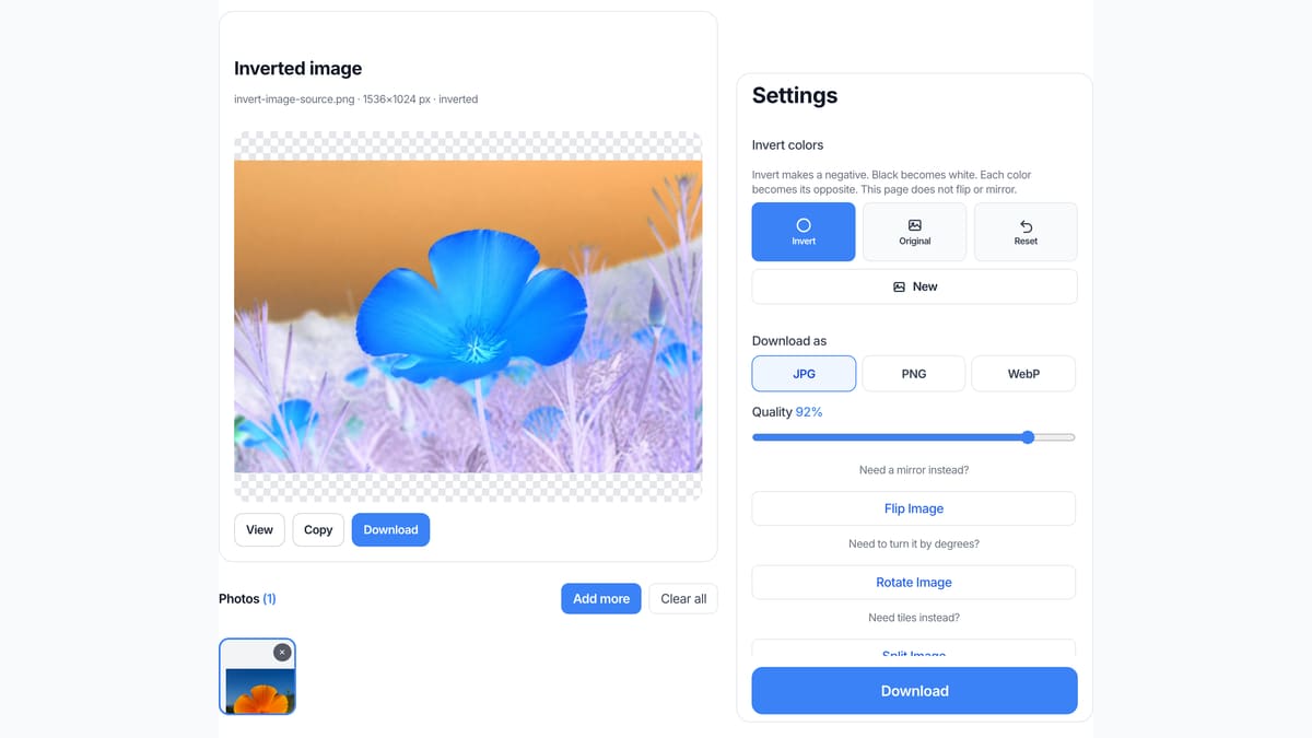 The Invert Image Colors Settings card on this page, with Invert selected and the live preview showing a negative.