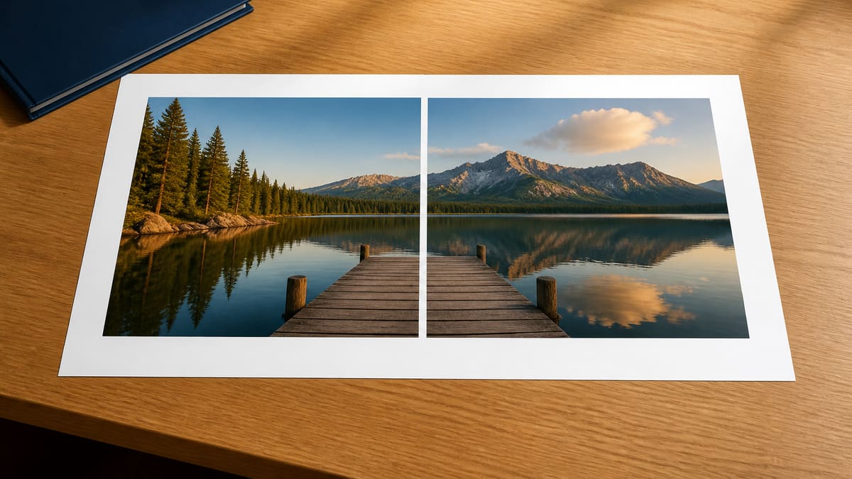 Two halves of the same lake-and-dock panorama on one sheet, ready to join into a single download.