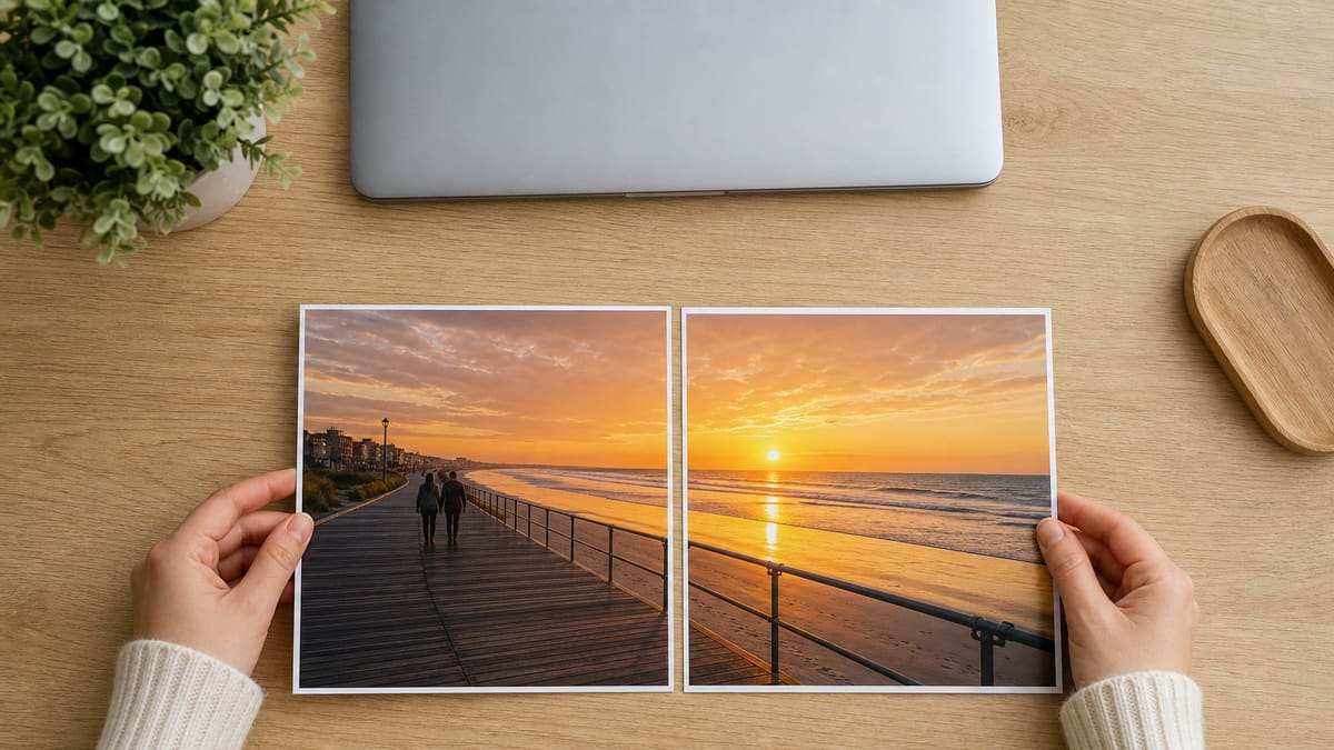Hands lining up two prints of the same sunset boardwalk so the horizon and railing can meet.