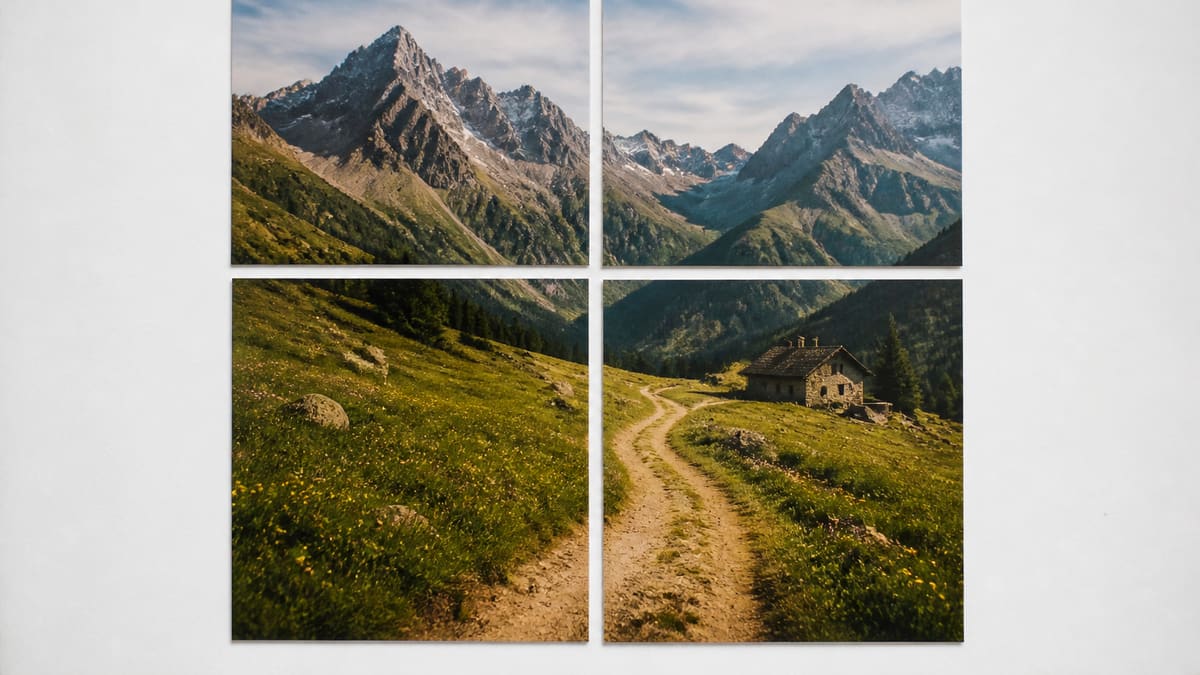 Four tiles of one mountain meadow in a 2x2 grid that would rebuild the original view.