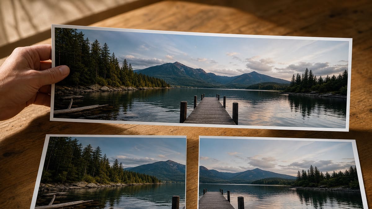 A hand lifting the finished wide lake print while the matching left and right halves rest on the table.