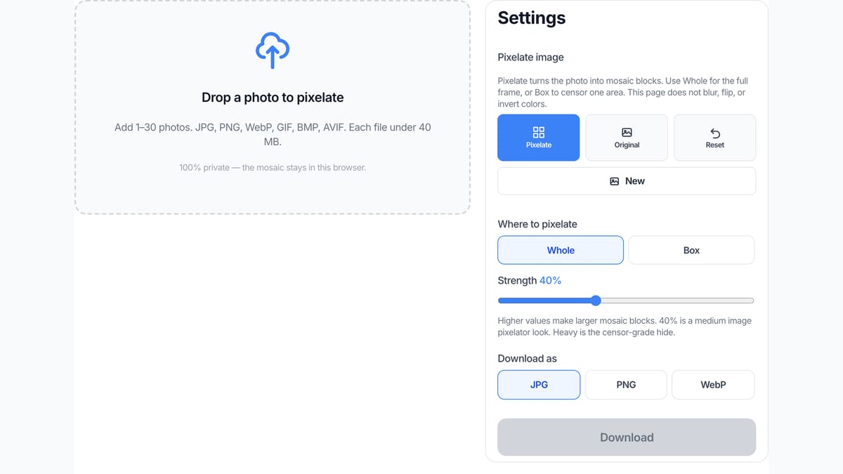 The Pixelate Image upload box on this page, the dashed area where you add a JPG, PNG, or WebP.