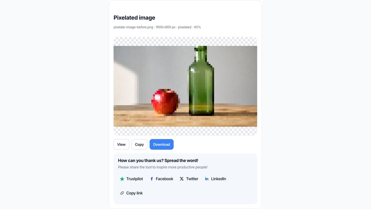 The Pixelate Image download chips on this page after the preview is already the pixelated file.