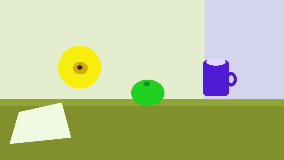 The same orange poppy, lime, and blue enamel mug after a whole-image hue shift.