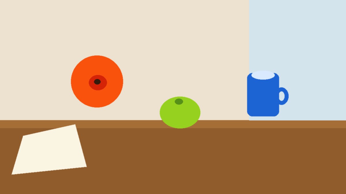 Original orange poppy, lime, and blue enamel mug on a teak table, before the hue pass.
