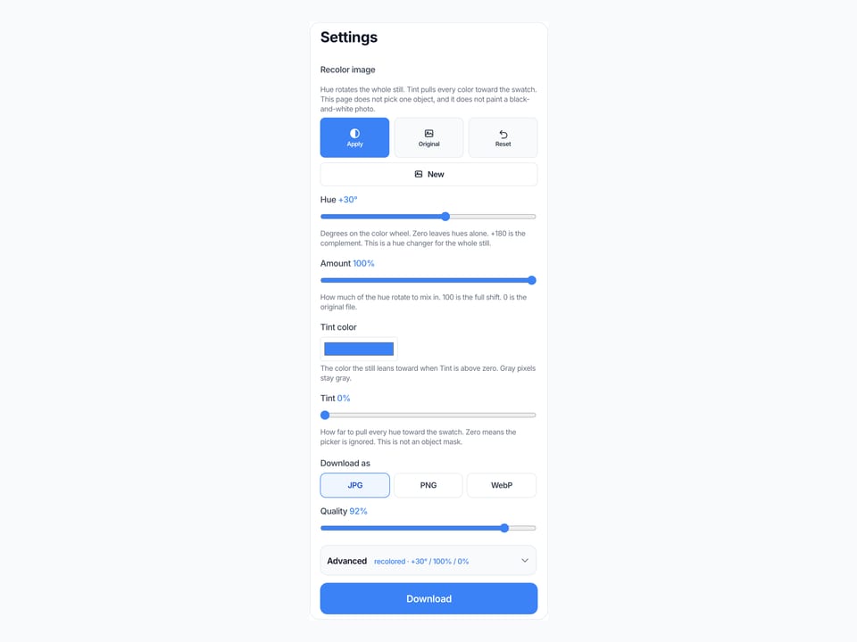 The Recolor Image Settings card on this page, with the hue slider, tint swatch, and a live preview.
