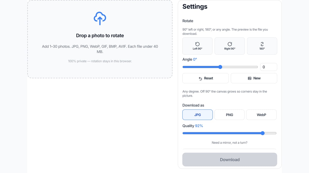 The rotate image upload box on this page, the dashed area where you add a JPG, PNG, or WebP