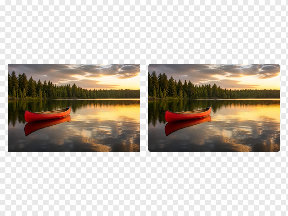 The same red canoe with square corners on the left and slightly rounded corners on the right, on a checkerboard.