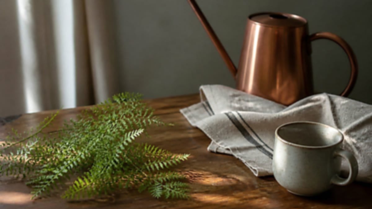 Original slightly soft fern, linen napkin, and copper can on a wooden table, before sharpen.