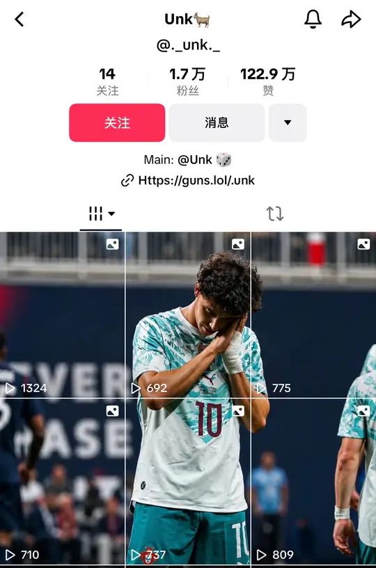 TikTok profile where one image is split into a 1×3 banner across the top row of tiles